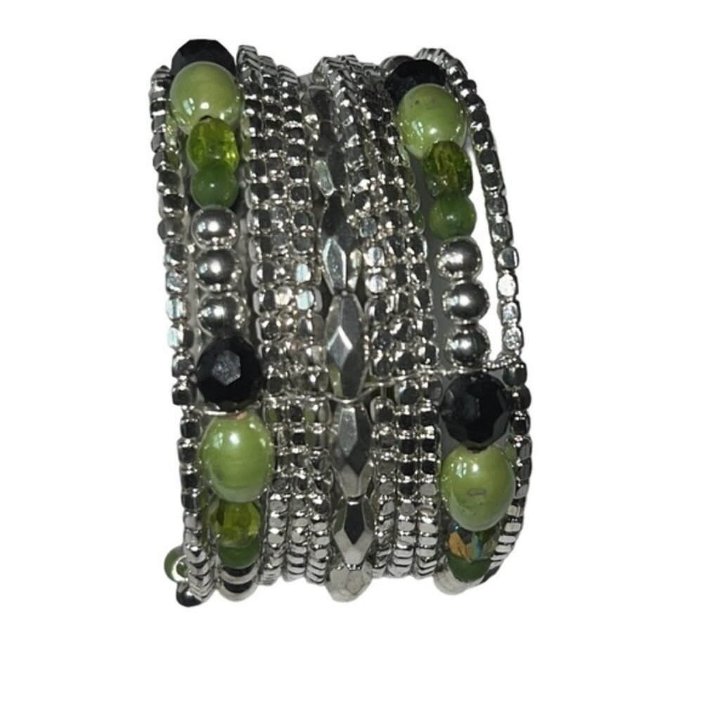 BEADED BOHO SILVER TONE CUFF BRACELET